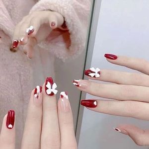 24pcs Long Coffin Red Heart 3D Bow Press-on Nails